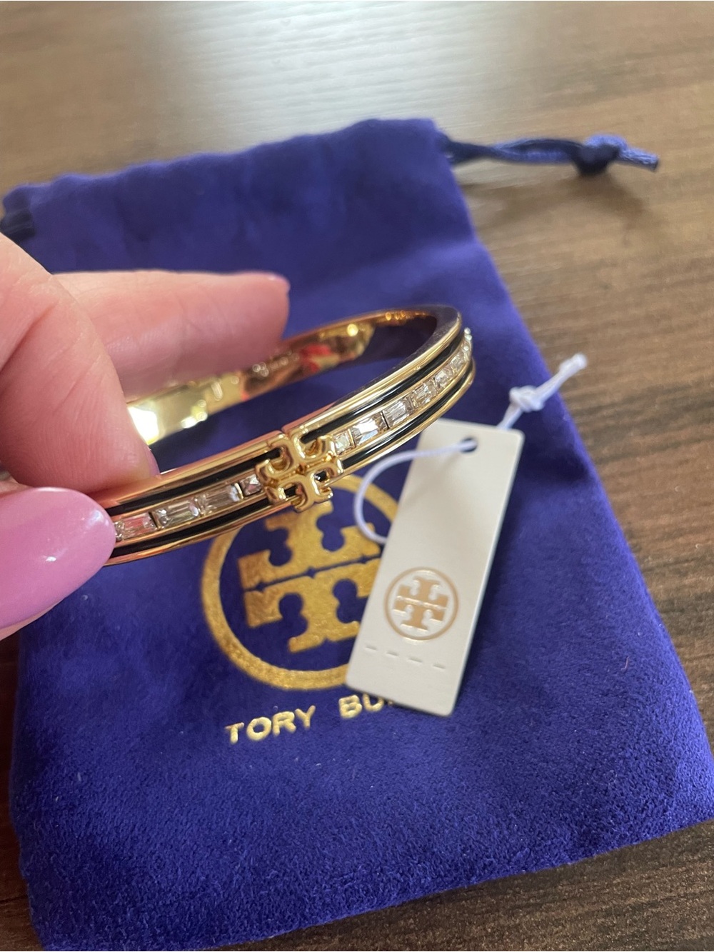Tory Burch Gold Hinged Bangle with Crystal Accents